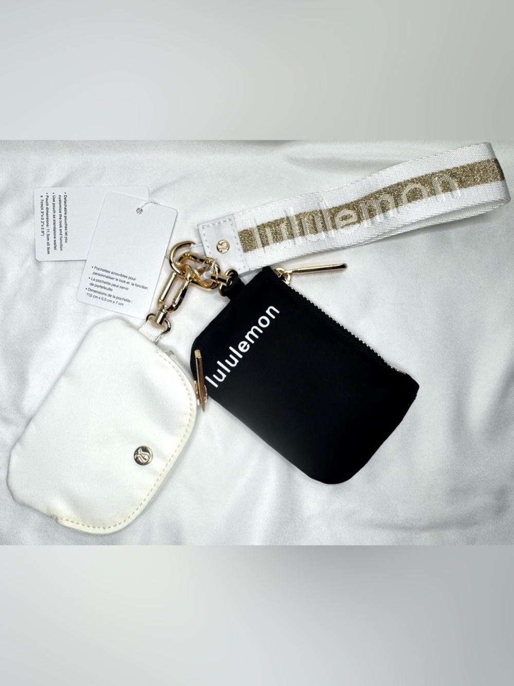 lululemon Black Mini Zip Pouch with White & Gold Accent Strap